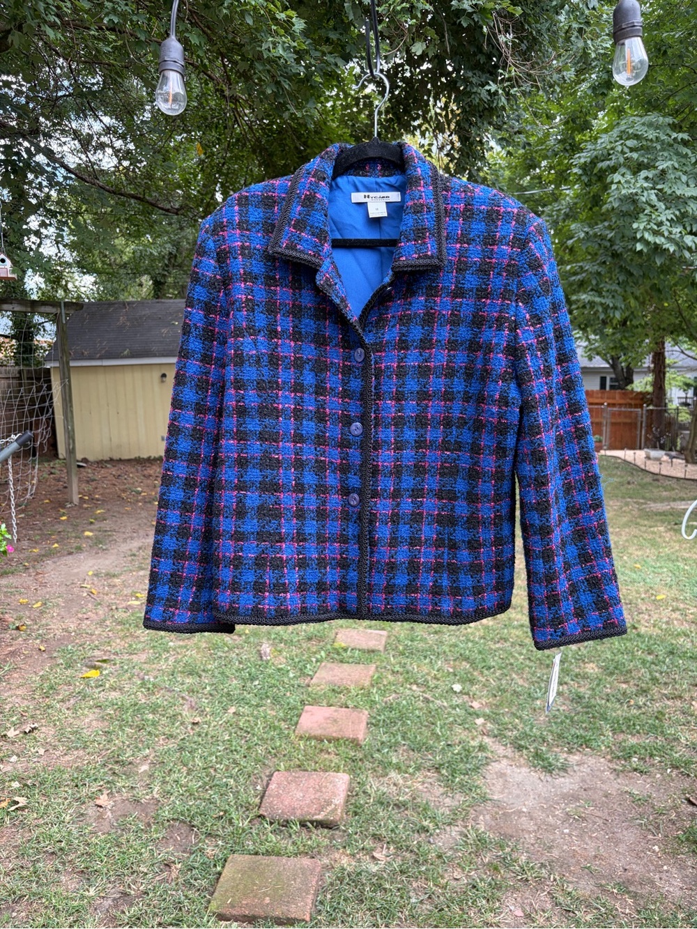 Vintage Nygard Collection Bouclé Plaid Jacket Sz 14 Wool Blend Blue Pink Black